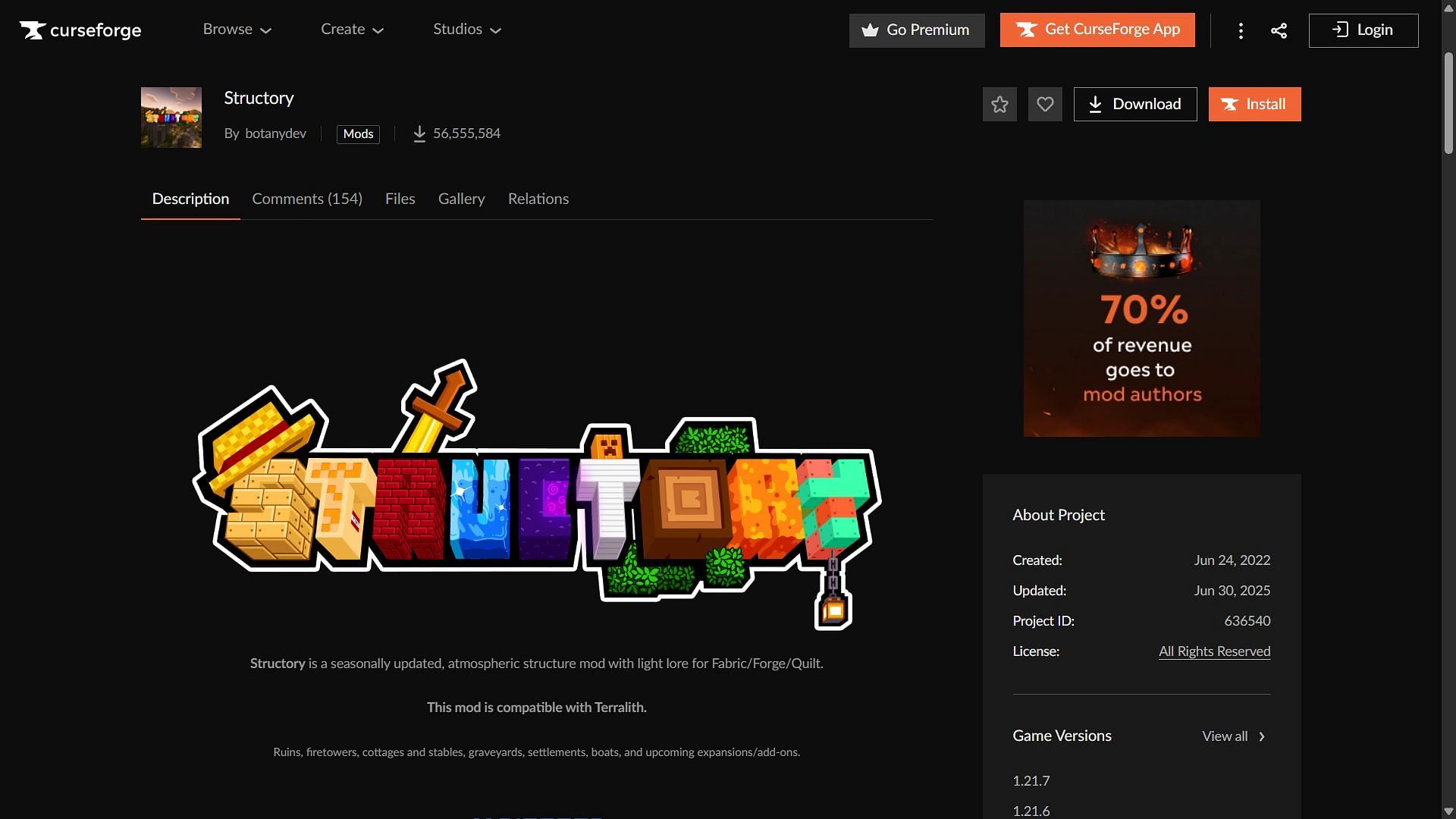 Structory mod can be downloaded from the CurseForge website (Image via CurseForge/botanydev)